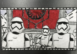 Scena z filmu science fiction :” Gwiezdne wojny: Skywalker. Odrodzenie”. Grupa szturmowców ubranych w białe pancerze, stojąca w kilku rzędach. Technika pastelowa.